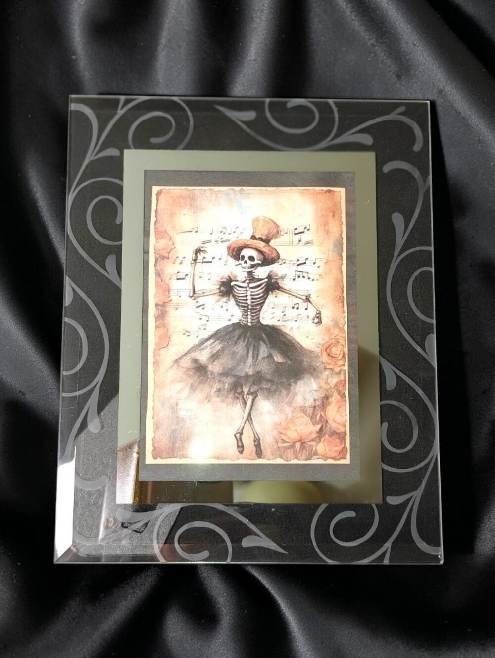 Gothic Dancing Ballerina Skeleton Art Beveled Glass Mirrored Frame (8 x 10)